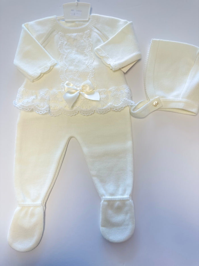 Mia Bella 3 Piece Knitted Set with Lace Trim Ivory
