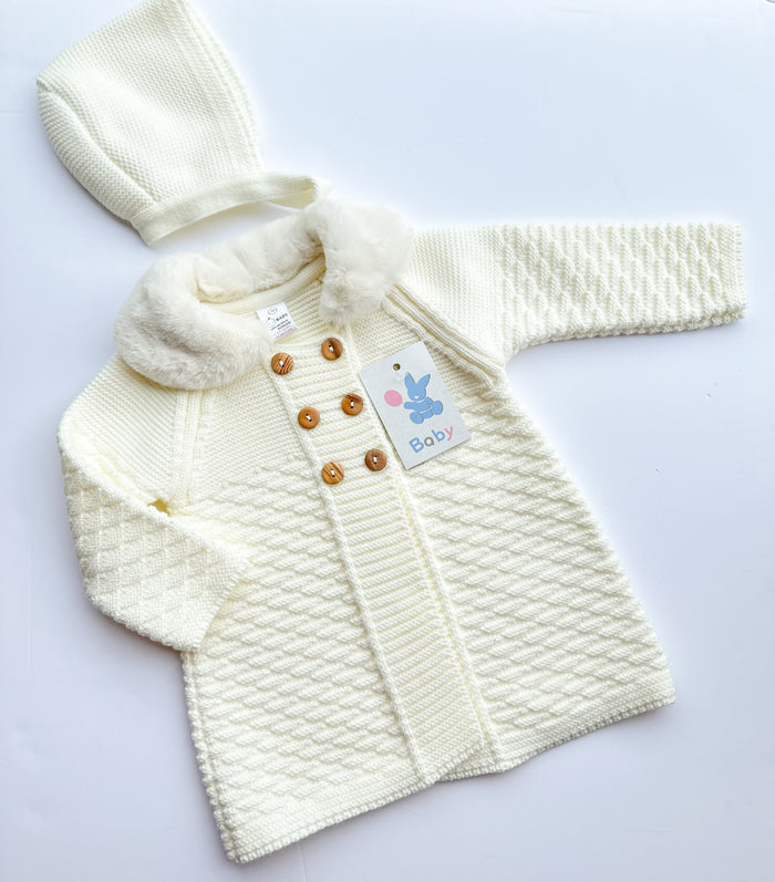 Mia Bella Luxury Knitted Matinee Coat/Jacket with Bonnet Cream