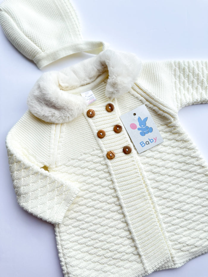 Mia Bella Luxury Knitted Matinee Coat/Jacket with Bonnet Cream