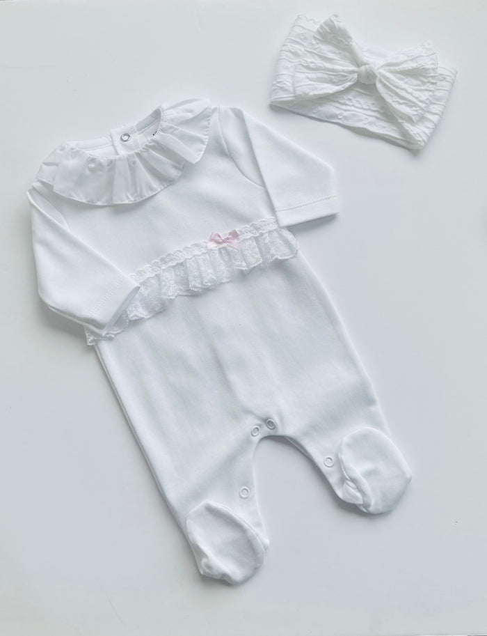 MIA BELLA Luxury White/Pink Cotton Babygrow