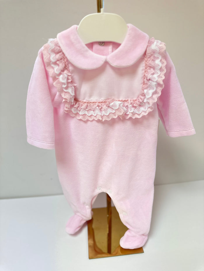 MIA BELLA Pink Velour with Lace Trim Baby Grow