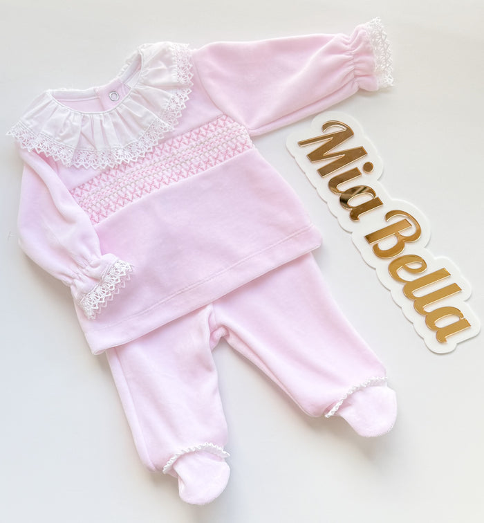 MIA BELLA Pink/White Velour 2 Piece Smocked Style Set
