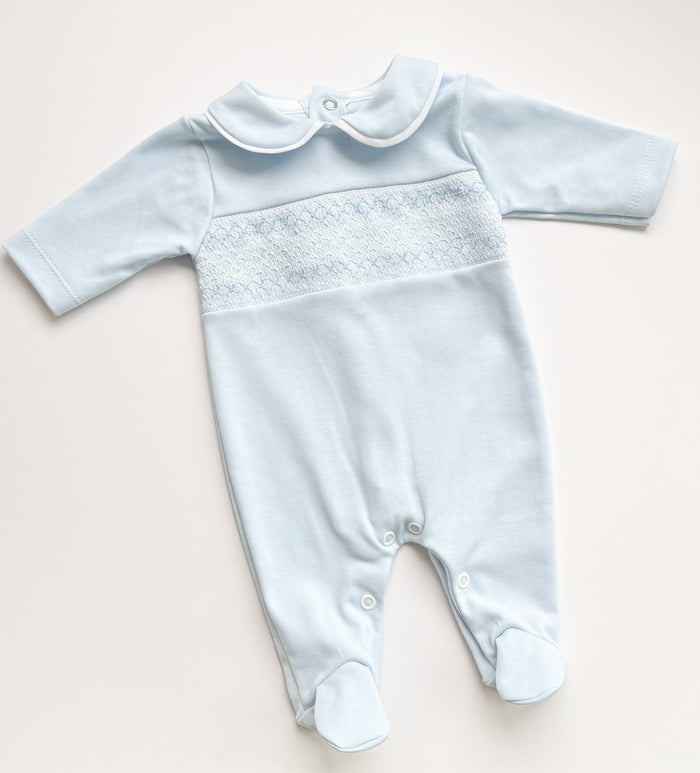 MIA BELLA Smocked Style Babygrow  Pale Blue cotton