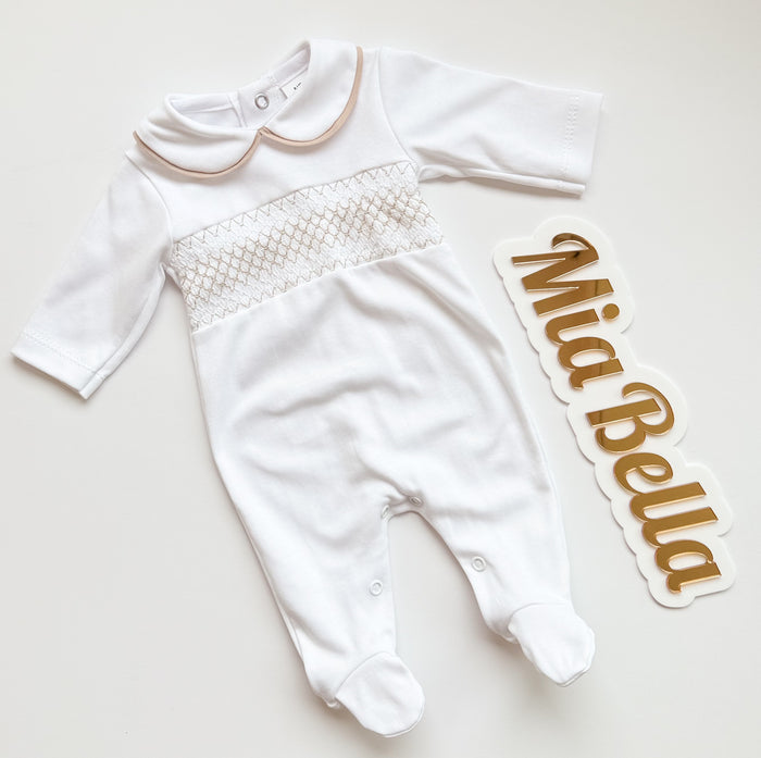 MIA BELLA Smocked Style Babygrow White & Camel