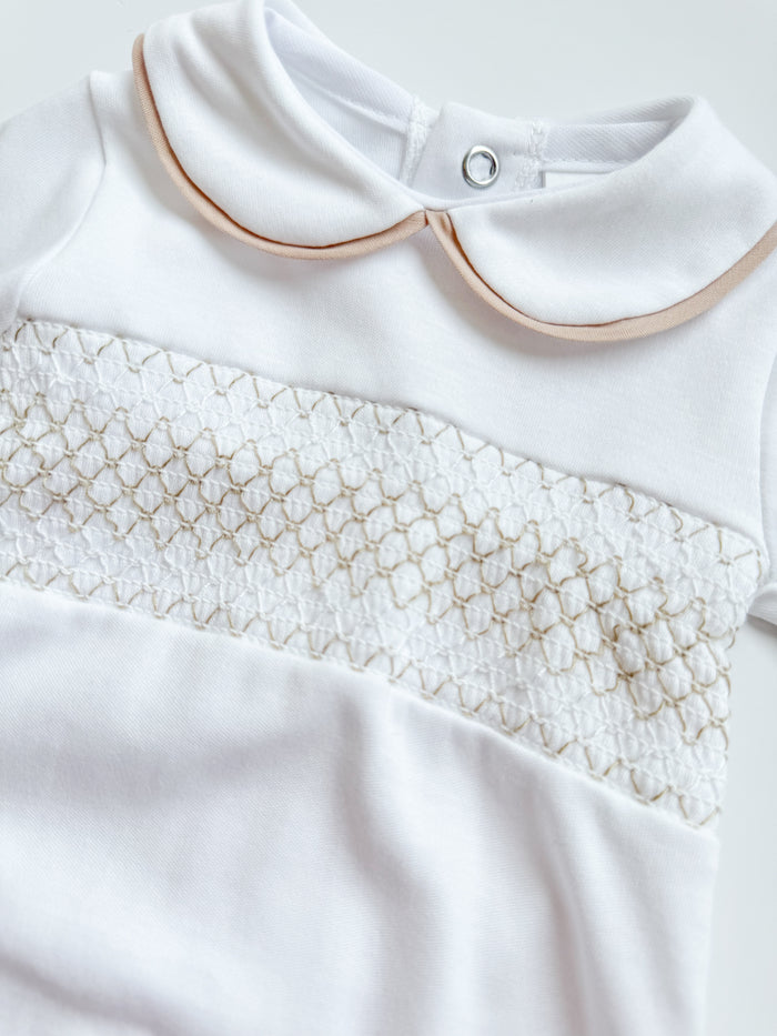 MIA BELLA Smocked Style Babygrow White & Camel