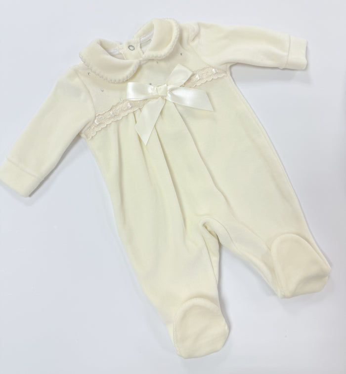 Mia Bella Velour Babygrow with Ribbon and Diamante Cream