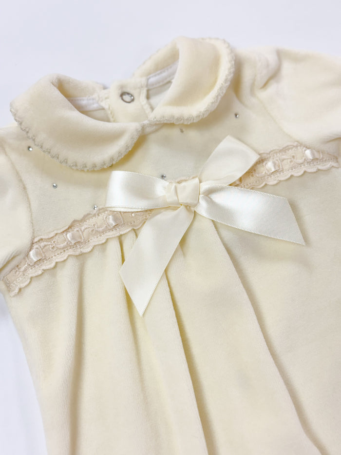 Mia Bella Velour Babygrow with Ribbon and Diamante Cream
