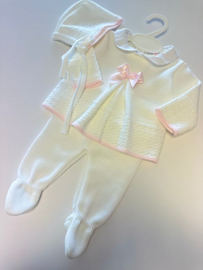 Mia Bella White Knitted 3 piece set (Pink Bow)