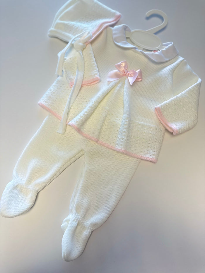 Mia Bella White Knitted 3 piece set (Pink Bow)