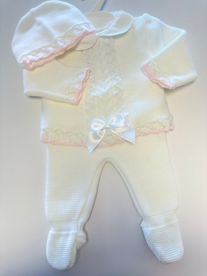 Mia Bella White Knitted 3 piece set (White Bow)