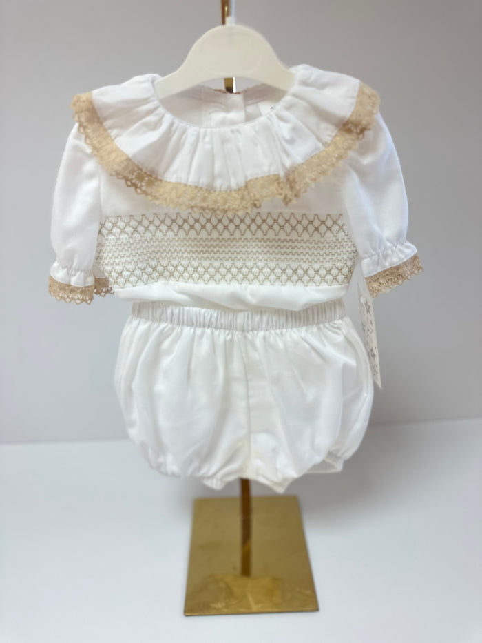 Mia Bella White/Camel Smocked Jam Pant Set