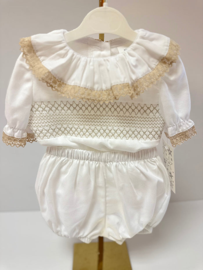 Mia Bella White/Camel Smocked Jam Pant Set