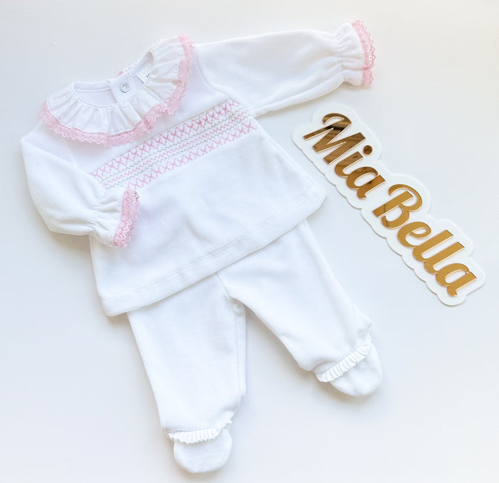 MIA BELLA White/Pink 2 Piece Velour Smocked Style Set
