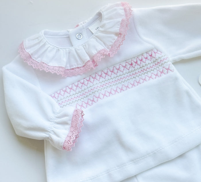 MIA BELLA White/Pink 2 Piece Velour Smocked Style Set
