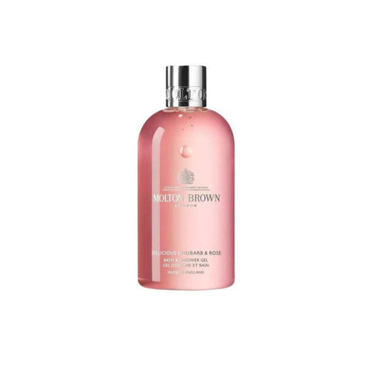 Molton Brown Rhubarb & Rose Bath & Shower Gel 300ml in pink bottle with silver cap on white background