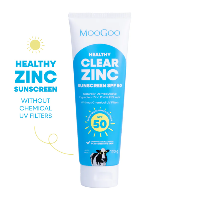 MooGoo Clear Zinc Sunscreen SPF 50 120g tube with blue label on white background, reading "Healthy Clear Zinc Sunscreen SPF 50"