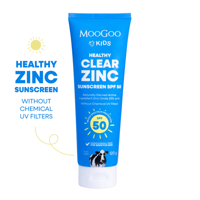 MooGoo Kids Clear Zinc Sunscreen SPF 50 120g in a blue tube with white cap on a white background
