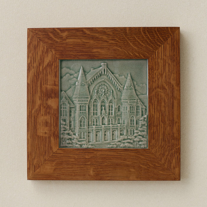 Rookwood Music Hall City Scene art tile in a golden oak wood frame