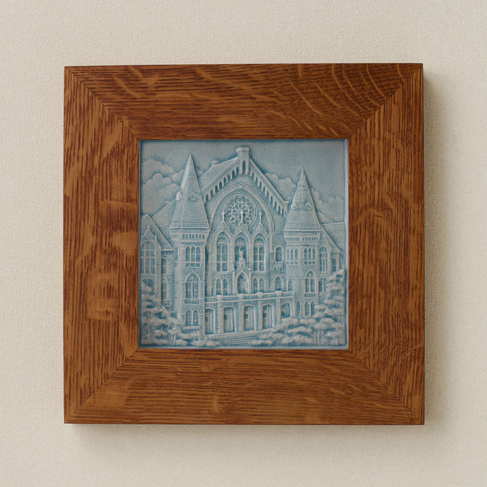 Rookwood Music Hall City Scene art tile in a golden oak wood frame