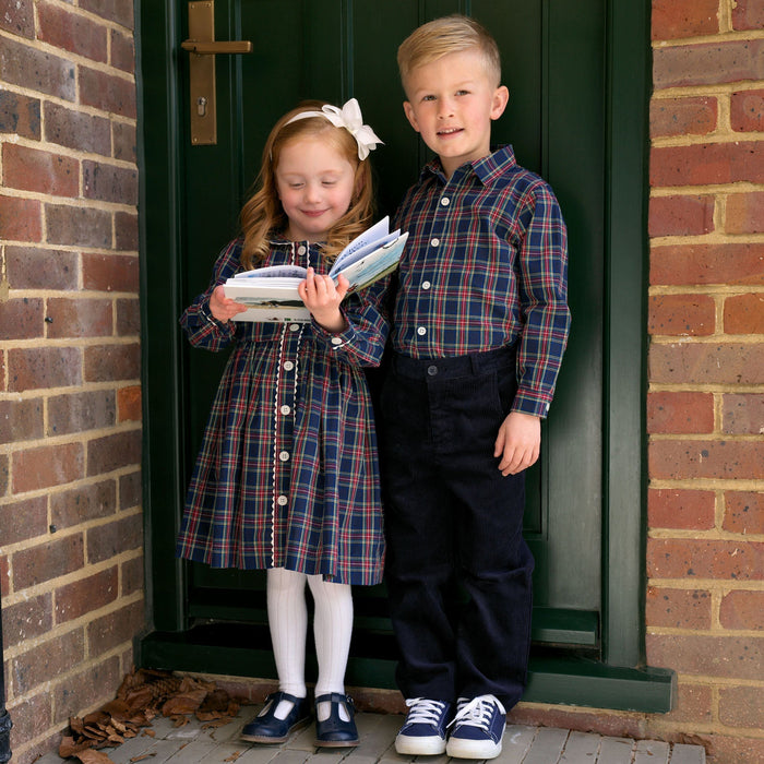Navy Tartan Button-Front Dress - The Well Appointed House