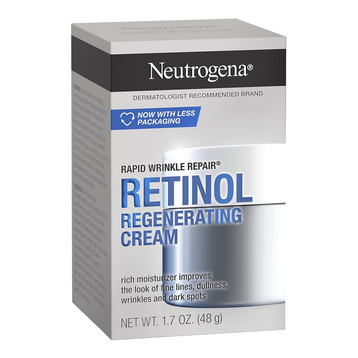 Neutrogena Rapid Wrinkle Repair Retinol Regenerating Cream with box smooths skin, fades wrinkles and targets dark spots