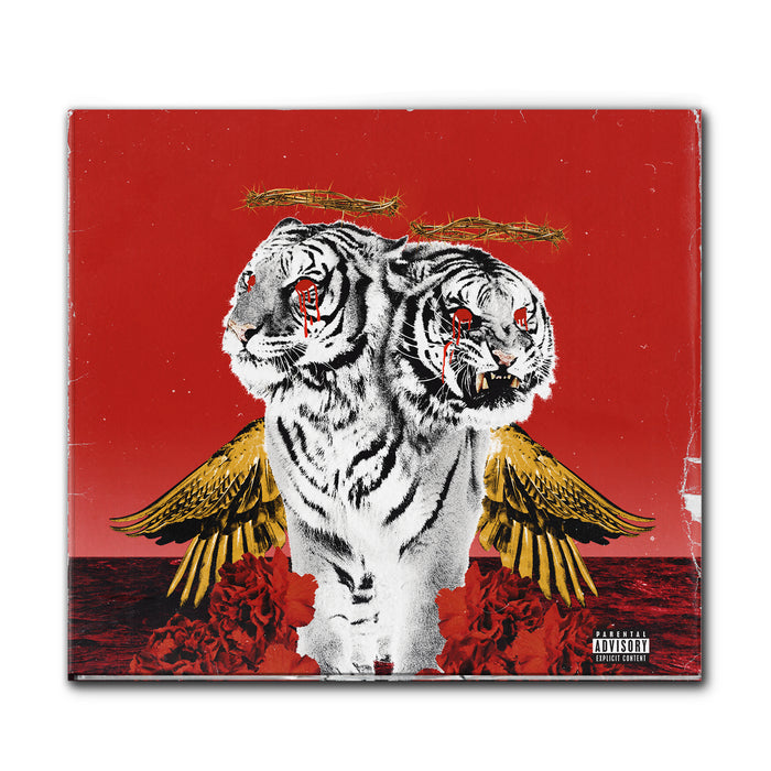 Square CD with two white tigers in the center. The tigers have yellow wings and red dripping from their eyes.