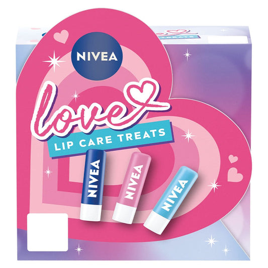 Nivea Love Lip Care Treats gift set box in pink and purple with three lip balms in navy, pink, and blue.