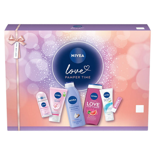 Nivea Love Pamper Time Gift Set box on white background with 5 products: deodorant, cream wash, body lotion, shower gel, soft cream