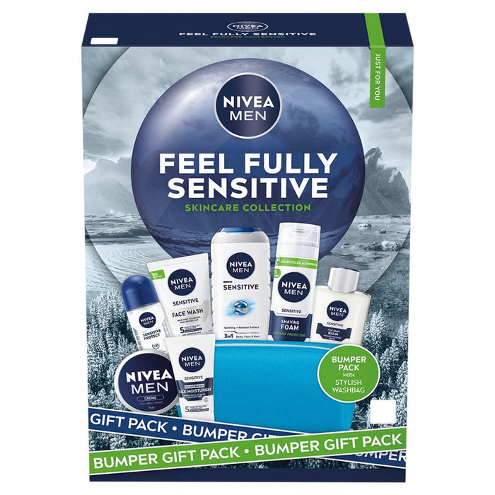 Nivea Men Feel Fully Sensitive gift set box on white background, showing skincare products and blue washbag, labelled Bumper Gift Pack