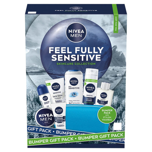 Nivea Men Feel Fully Sensitive gift set box on white background, showing skincare products and blue washbag, labelled Bumper Gift Pack