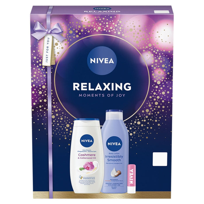 Nivea Relaxing Moments of Joy gift set box in purple with Cashmere shower gel, Irresistibly Smooth body lotion and lip balm