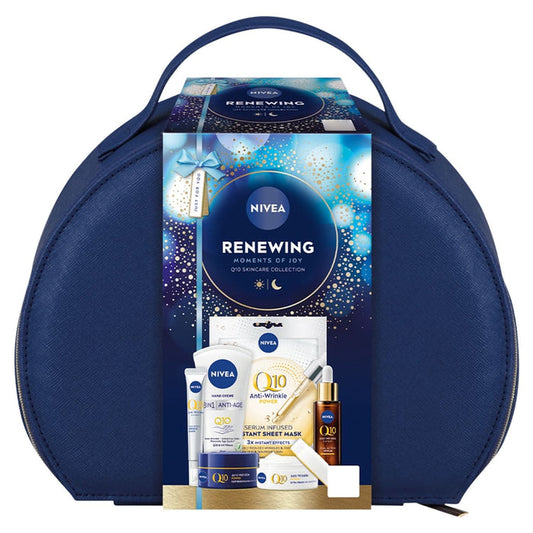 Nivea Renewing Moments of Joy Q10 Skincare Gift Set in navy bag with hand cream, serum, sheet mask and creams on white background.