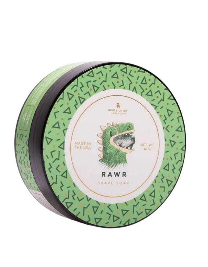 Noble Otter Rawr Shave Soap with dinosaur illustration and geometric green pattern
