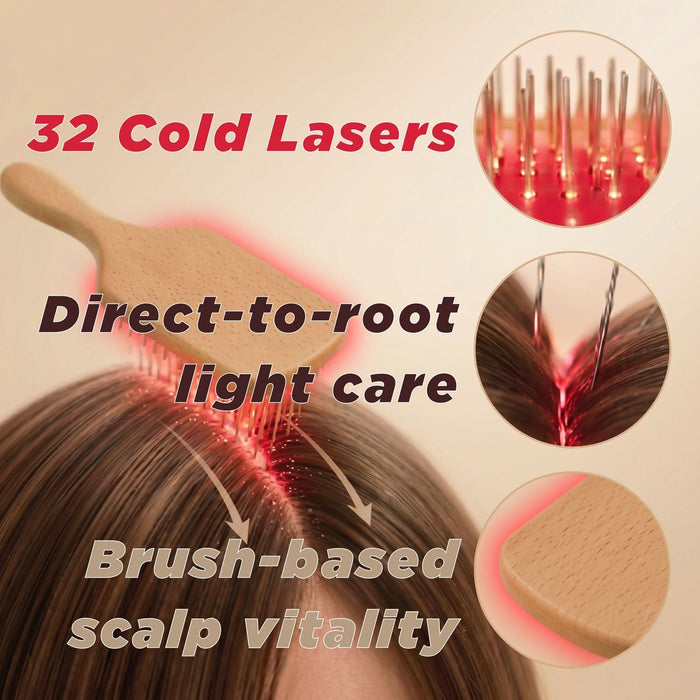 NuGROWS VivaBrush Pro wooden scalp brush with red laser pins on hair, text "32 Cold Lasers, Direct-to-root light care, Brush-based scalp vitality," beige background
