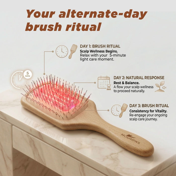NuGROWS VivaBrush Pro cold laser scalp brush with red light on marble surface, showing 3-day alternate brush ritual guide, light grey background.