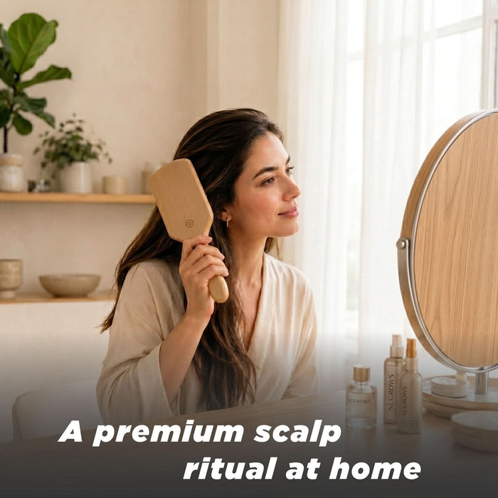Woman brushing hair with NuGROWS VivaBrush Pro near a mirror; NuGROWS bottles visible; cream background; text reads "A premium scalp ritual at home"