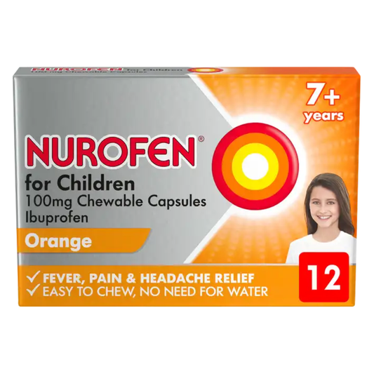 NUROFEN for Children 100mg Chewable Capsules 7yrs+ Ibuprofen (Orange)