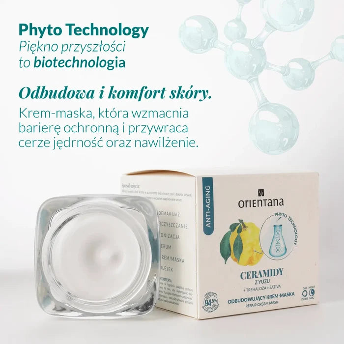 Krem-maska z ceramidami Yuzu i trehalozą Orientana Phyto Technology wzmacniająca barierę ochronną skóry, zapewniająca odbudowę, komfort, jędrność i nawilżenie cery.