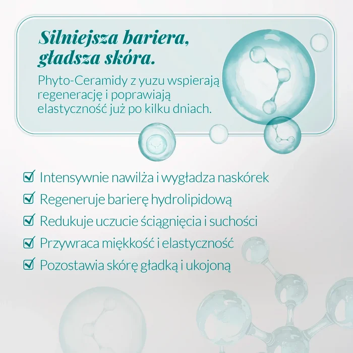 Grafika prezentująca działanie krem-maski z ceramidami Yuzu Orientana – regeneracja bariery hydrolipidowej, intensywne nawilżenie, wygładzenie skóry i redukcja uczucia suchości oraz ściągnięcia.
