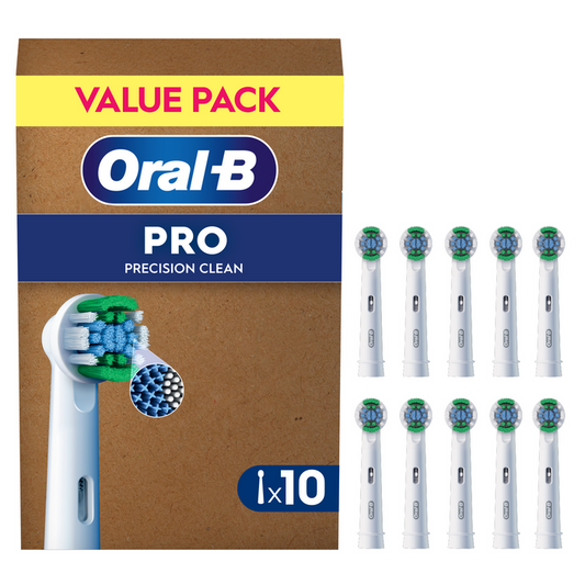 Oral-B Pro Precision Clean toothbrush heads pack of 10 brown box with yellow Value Pack banner, beside 10 white brush heads on white background.