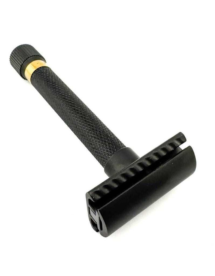 Black and gold adjustable safety razor handle with textured grip