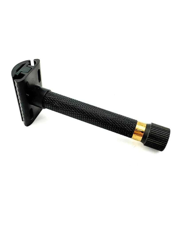 Black safety razor handle with textured grip and gold ring detail