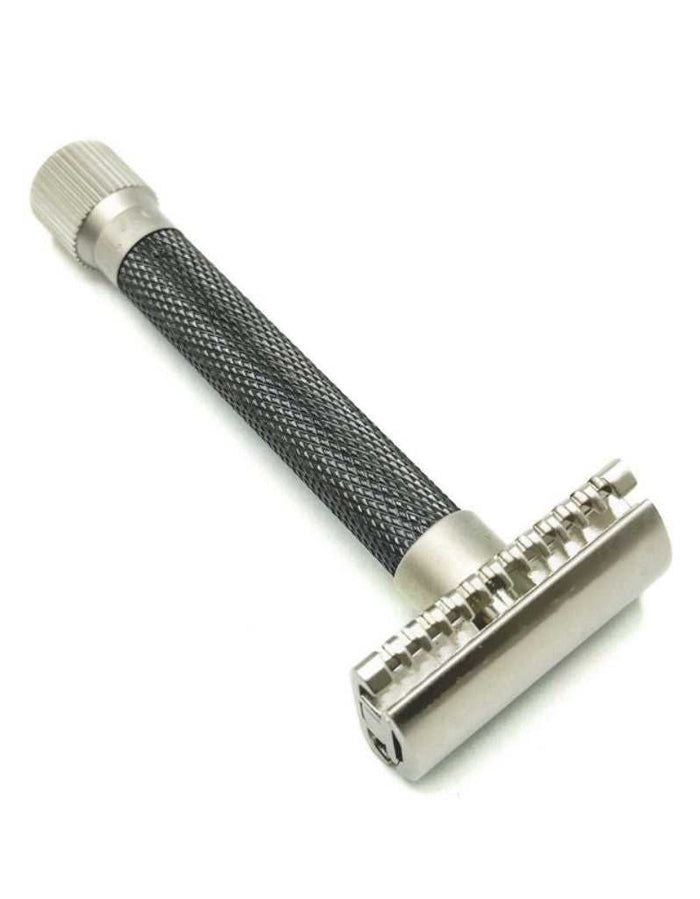 Safety razor with textured handle and open comb head