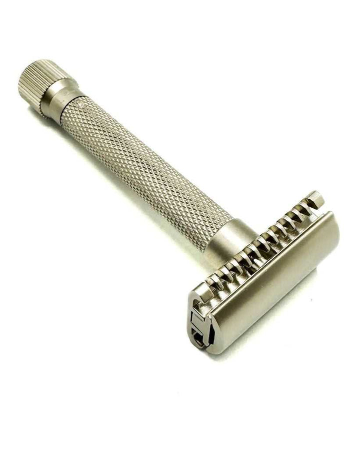 Satin chrome safety razor with textured handle and adjustable head