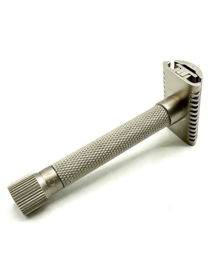 Satin chrome Parker safety razor with textured handle and adjustable settings