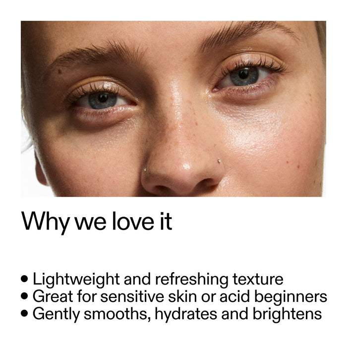 Close-up of a person's eye with text highlighting PHA Toner  benefits on a white background