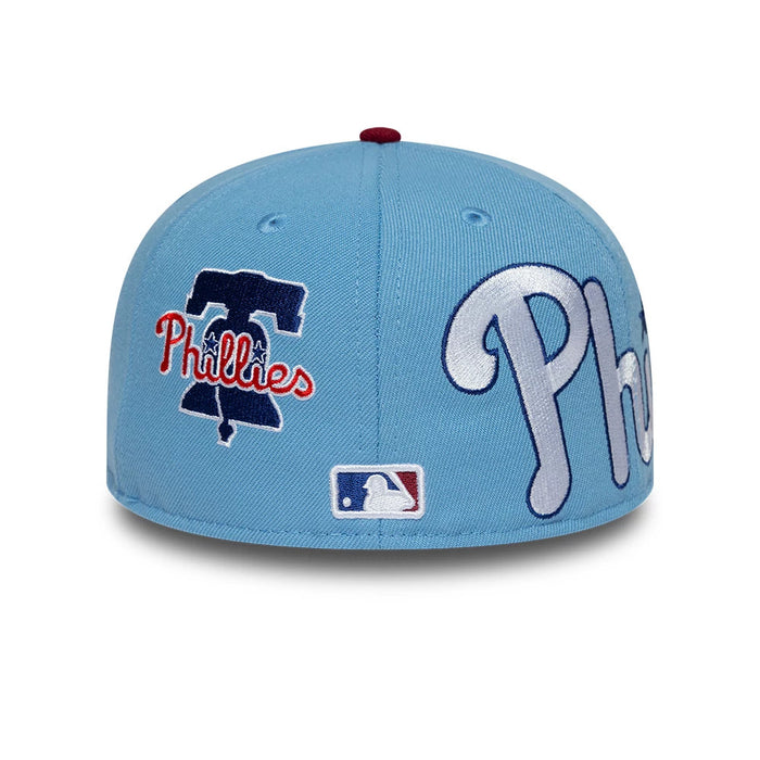 Pictured is this MLB Multi Logo Philadelphia Phillies 59FIFTY Fitted cap in pastel blue. 4