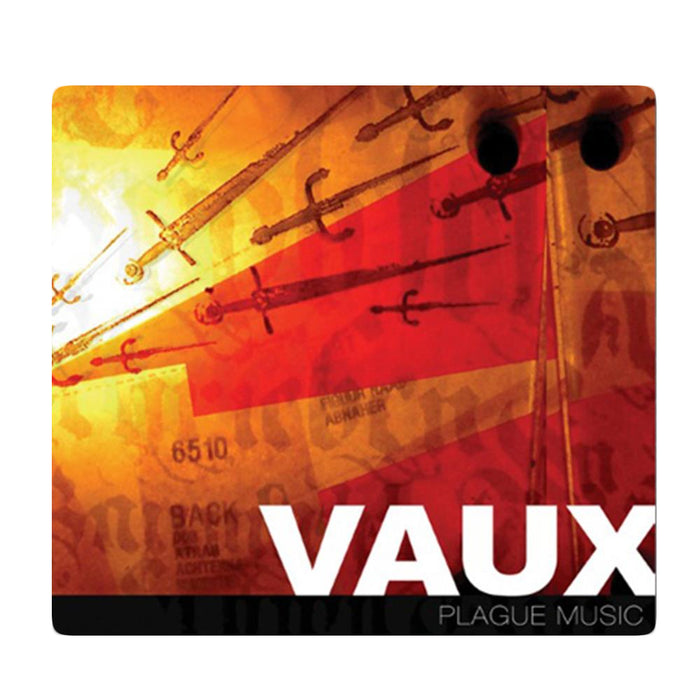 Album cover for Plague Music by Vaux features overlapping red and yellow tones, sword silhouettes, and bold white “VAUX” branding at the bottom right.