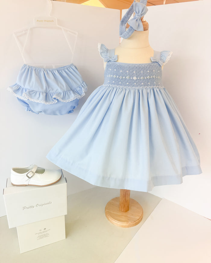 Pretty Originals Classic Blue Smocked Dress/Pants and Headband