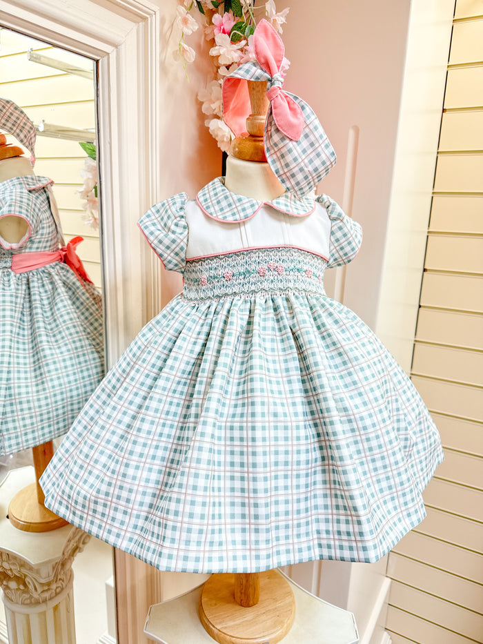 Pretty Originals Country Check Smocked Dress Green & peach